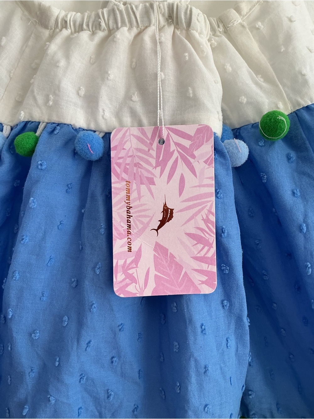 Tommy Bahama White, Blue & Green Pom Pom Tiered Sundress - Picture 3 of 5